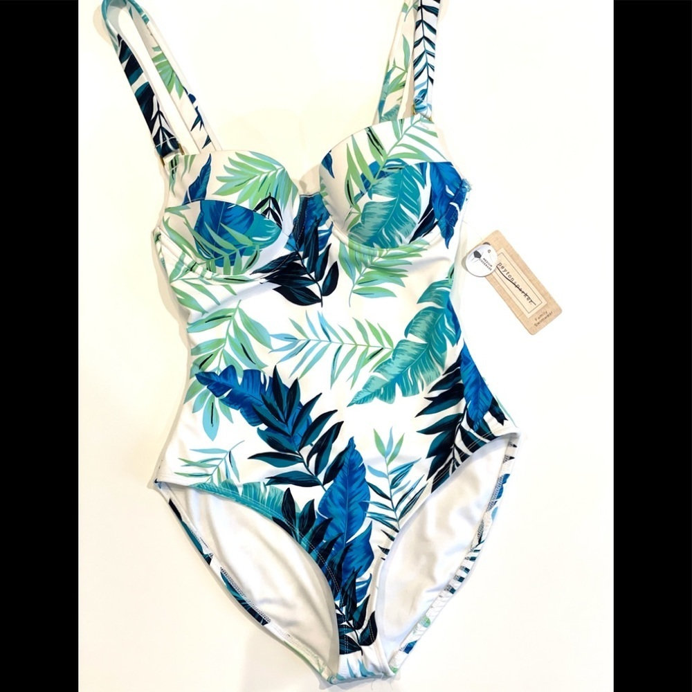 White tropical one piece swim printed blue/green leaf, molded cups adjustable